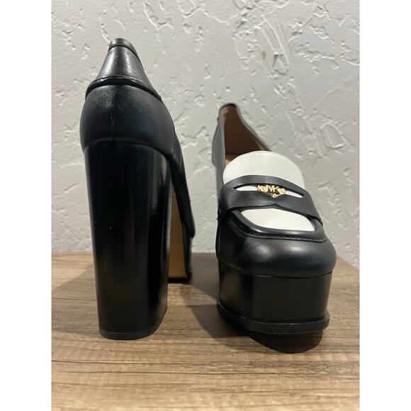 Michael Kors Leather Platform Loafers Black White MK Logo Heels 8.5 - Picture 2 of 9